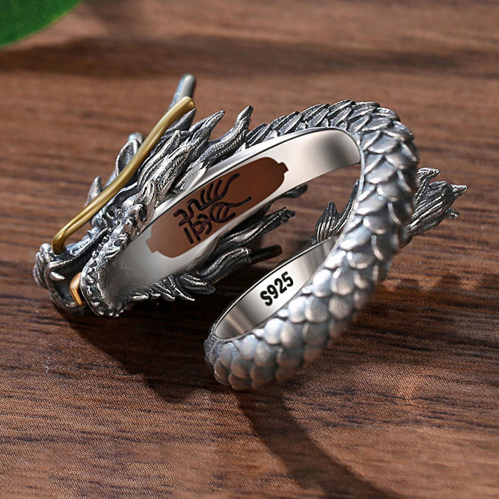 Buddha Stones 925 Sterling Silver Vintage Dragon Design Protection Strength Adjustable Ring