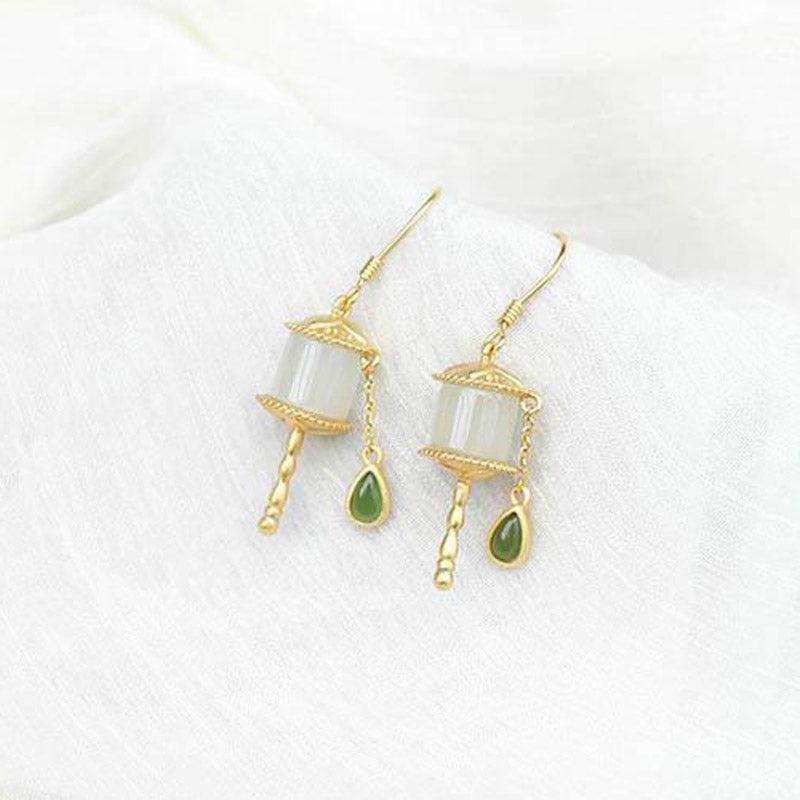 Buddha Stones 925 Sterling Silver Jade Prayer Wheel Luck Drop Earrings