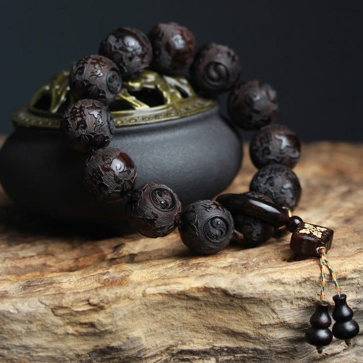 Buddha Stones Ebony Wood Chinese Character Yin Yang Engraved Gourd Balance Bracelet