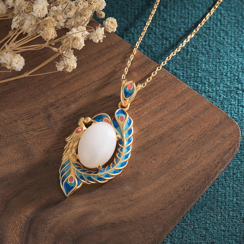 White Jade Peacock Copper Blessing Necklace Pendant