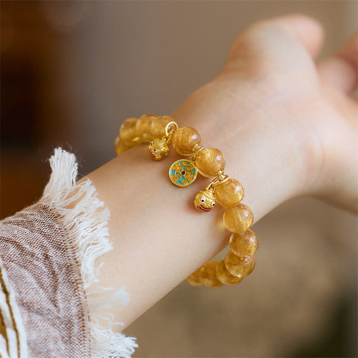 Buddha Stones Gold Swallowing Beast Copper Coin Good Luck Charm Liuli Glass Bead Fortune Bracelet