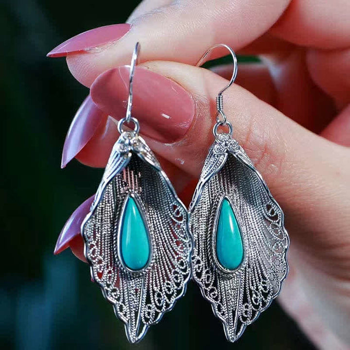 925 Sterling Silver Turquoise Bodhi Leaf Pattern Protection Drop Dangle Earrings