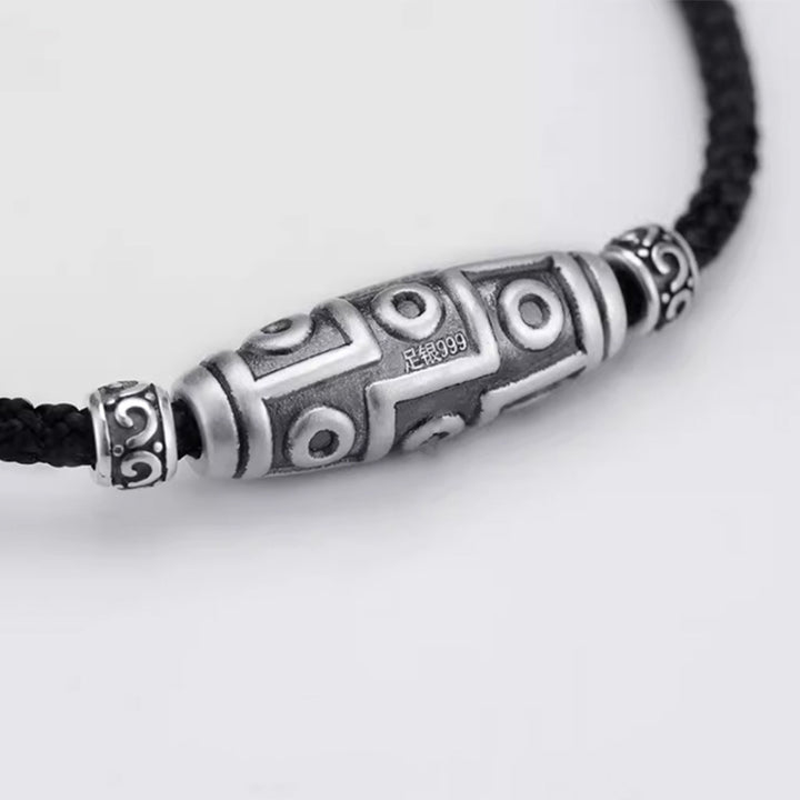 Buddha Stones 999 Sterling Silver Nine-Eye Dzi Bead Pattern Protection Rope Necklace Pendant