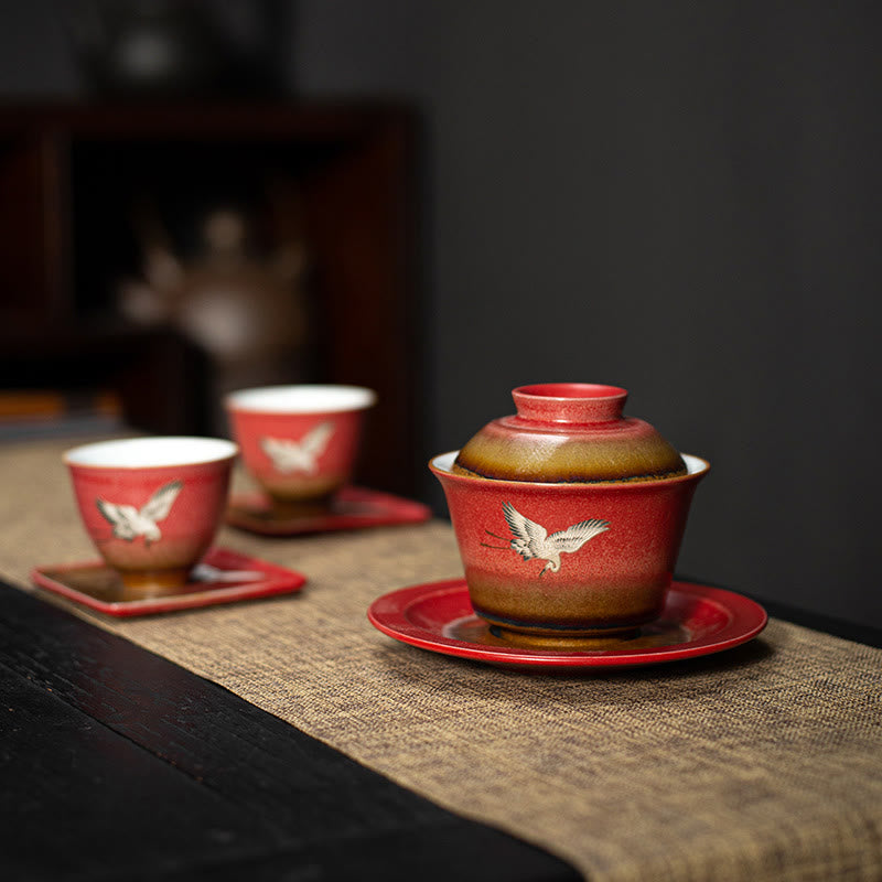 Buddha Stones Red Auspicious Crane Ceramic Gaiwan Sancai Teacup Kung Fu Tea Cup And Saucer With Lid