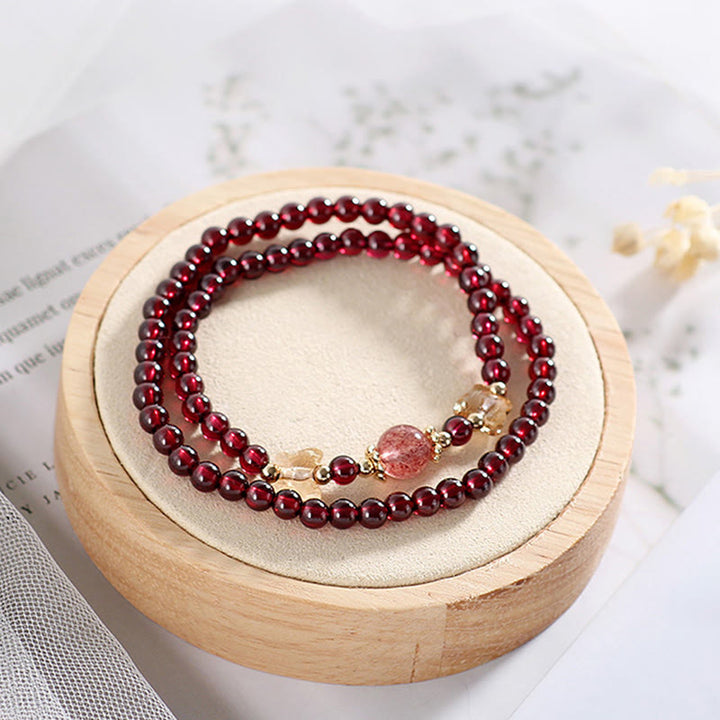 Buddha Stones 14K Gold Plated Natural Garnet Strawberry Quartz Butterfly Protection Double Wrap Bracelet