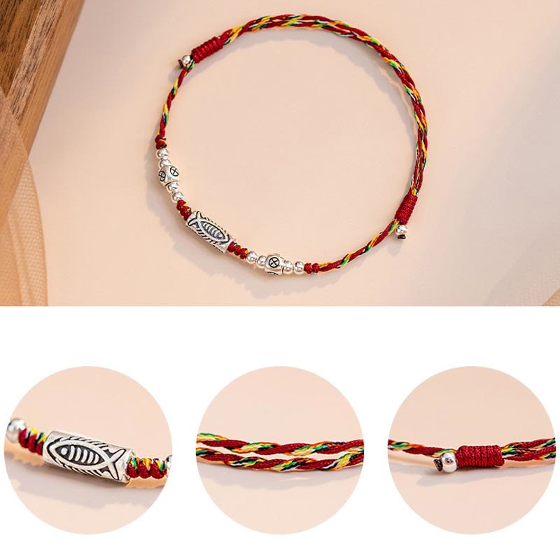 Buddha Stones 925 Sterling Silver Luck Koi Fish Braided Colorful String Bracelet Anklet