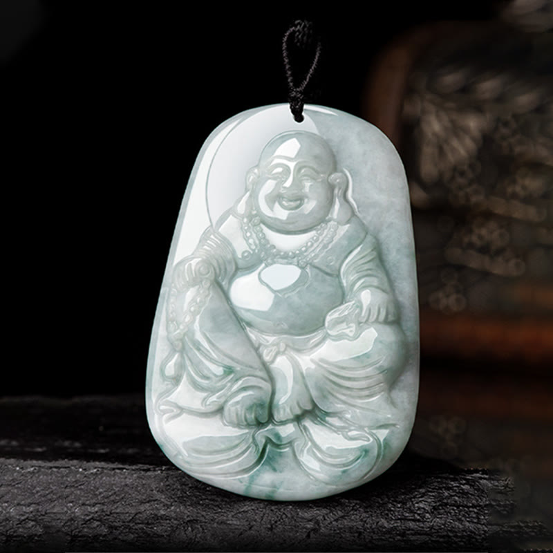 Buddha Stones Natural Jade Laughing Buddha Maitreya Buddha Luck String Necklace Pendant