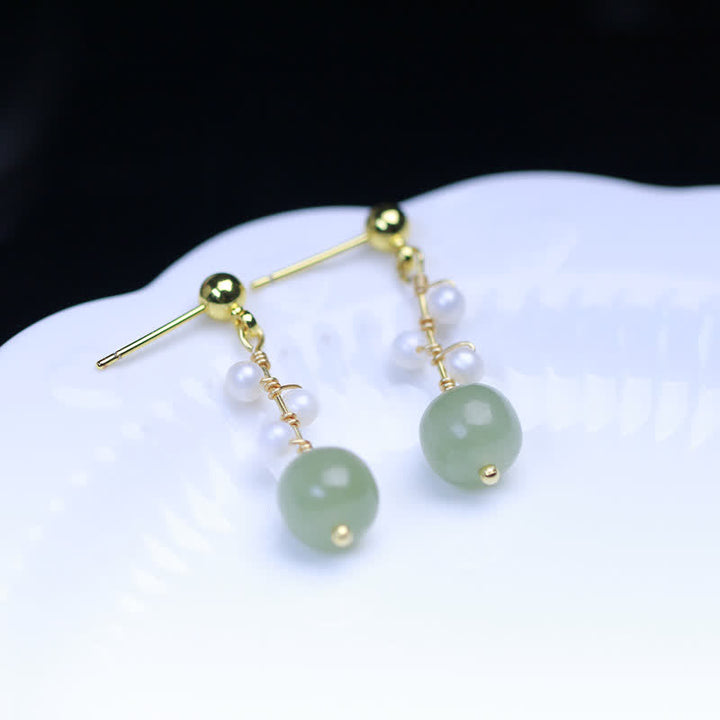 Hetian Jade Flower Pattern 14K Gold Plated Luck Drop Dangle Earrings