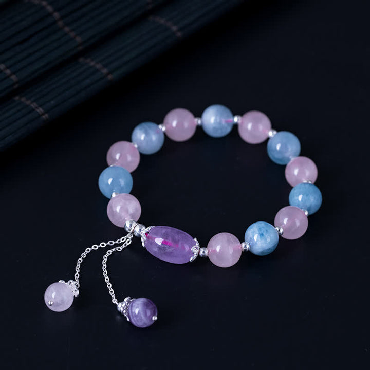 925 Sterling Silver Natural Crystal Purple Mica Stone Aquamarine Amethyst Healing Bracelet