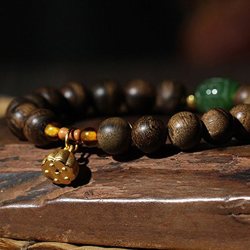 Buddha Stones 999 Gold Brunei Agarwood Cyan Jade Lotus Flower Peace Strength Bracelet