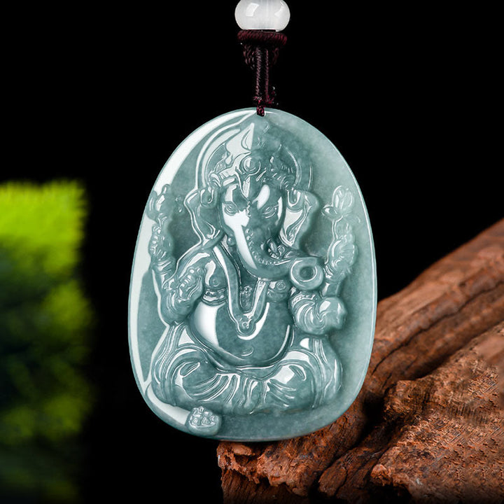 Buddha Stones Natural Jade Ganesh Ganpati Elephant Protection Amulet Necklace Pendant