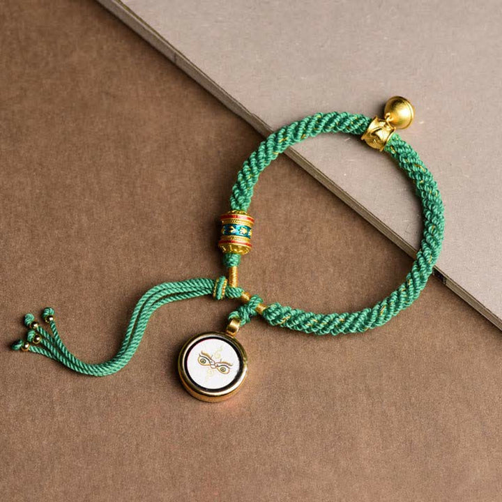 Buddha Stones Tibetan Five God Of Wealth Thangka Luck Prayer Wheel Bell Braid String Bracelet