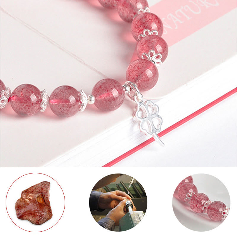 Buddha Stones 925 Sterling Silver Strawberry Quartz Four Leaf Clover Love Bracelet