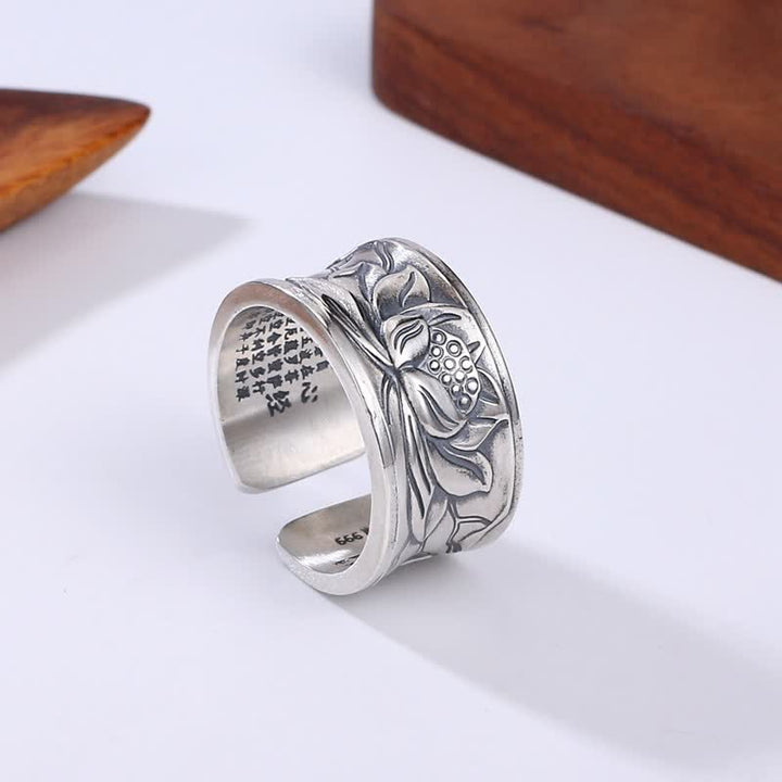 Buddha Stones 999 Sterling Silver Lotus Flower Heart Sutra Protection Ring