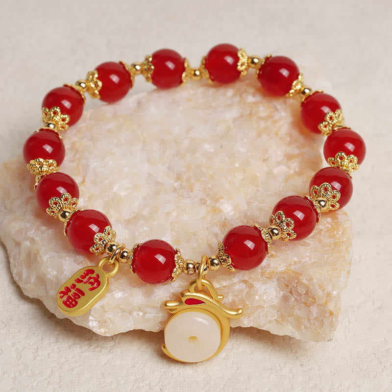 Buddha Stones Year of the Dragon Red Agate Green Aventurine Peace Buckle Fu Character Lucky Fortune Bracelet