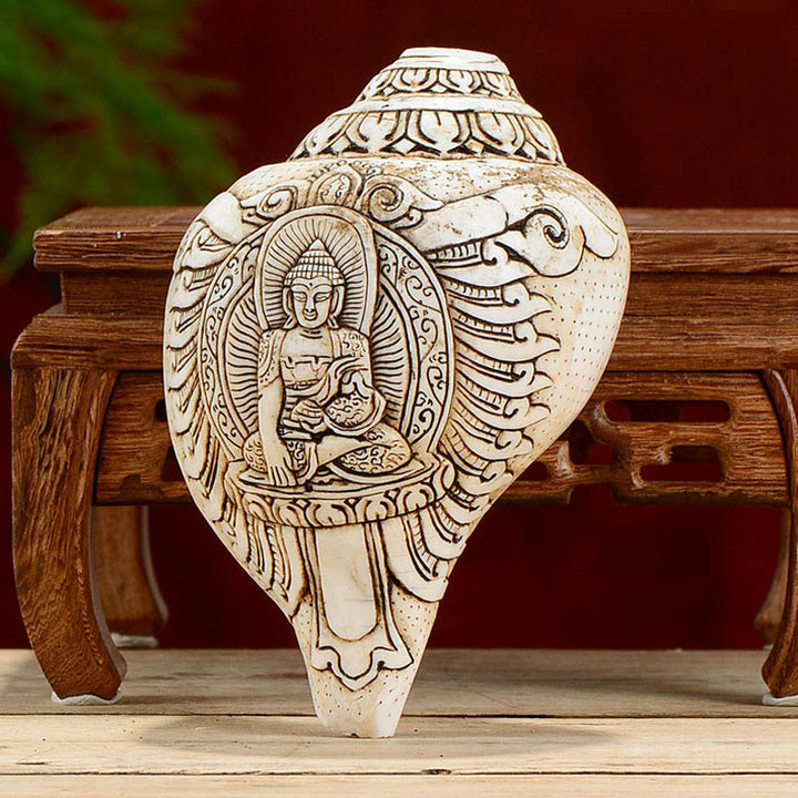 Tibetan Handmade Engraved Shankha Buddha Avalokitesvara Conch Shell Wealth Decoration