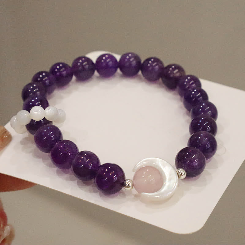 Buddha Stones 925 Sterling Silver Natural Amethyst Aquamarine Pink Crystal Cat's Eye Healing Crescent Moon Bracelet