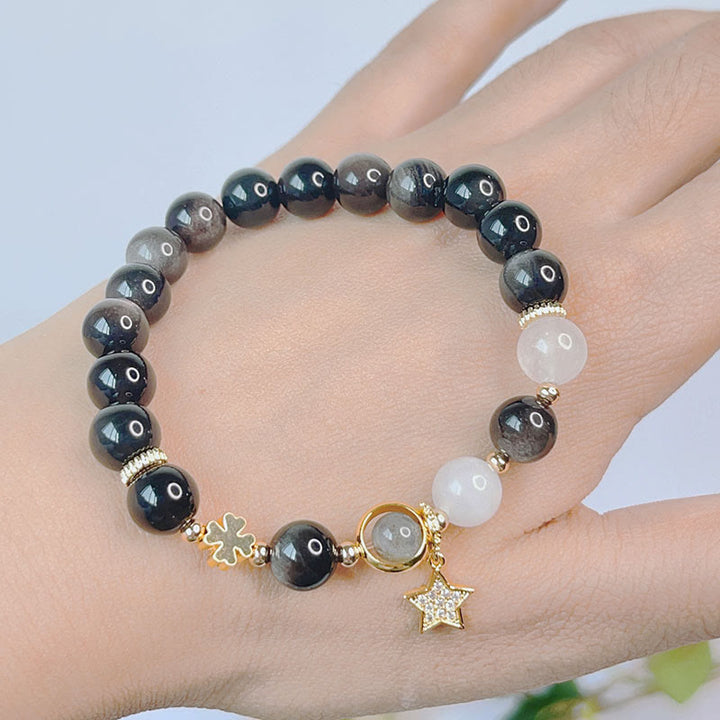 Buddha Stones Natural Silver Sheen Obsidian Love Heart Star Flower Protection Bracelet