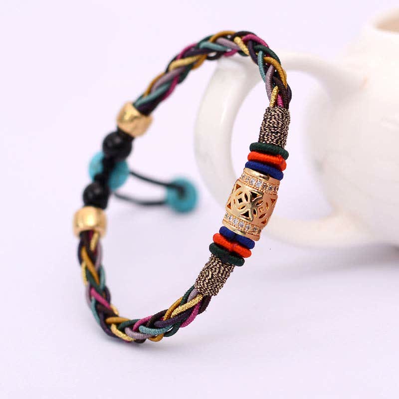 Buddha Stones Tibetan Handmade Eight Thread Knot Copper Coin Luck Weave String Bracelet