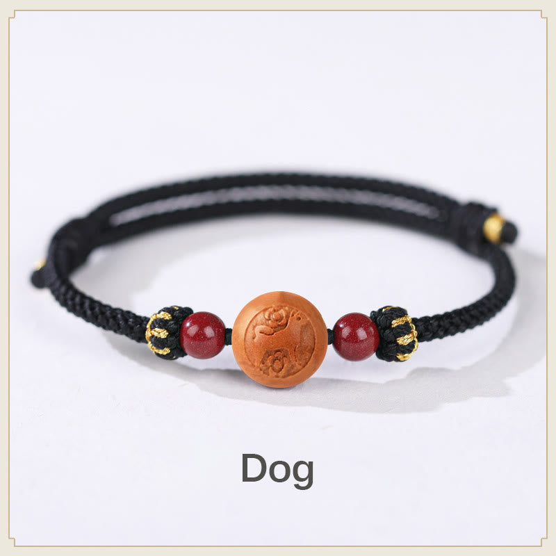 Buddha Stones Natural Peach Wood Chinese Zodiac Fu Character Carved Cinnabar Wealth Bracelet