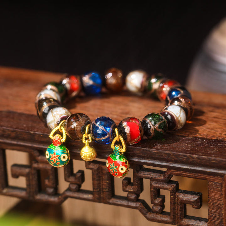 Buddha Stones Five Elements Gold Swallowing Beast Family Charm Liuli Glass Bead Luck Bracelet