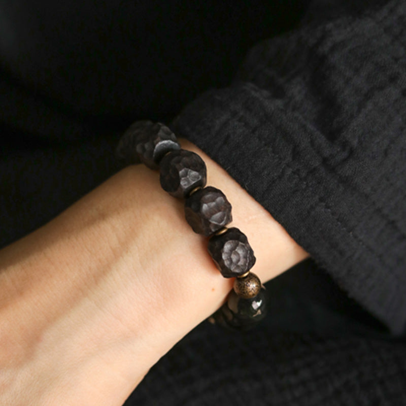 Buddha Stones Black Obsidian Ebony Wood Copper Strength Couple Bracelet