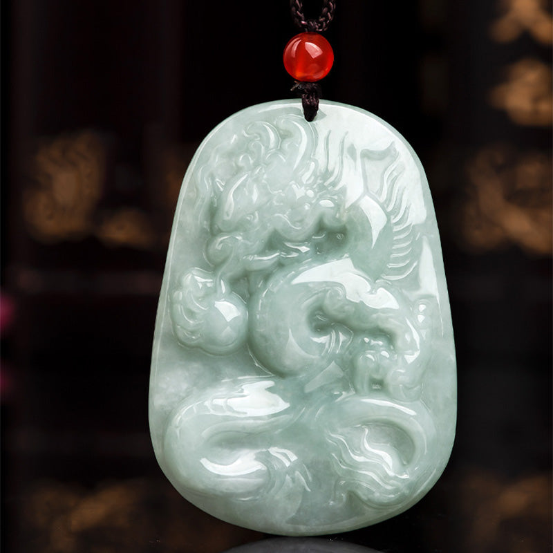 Buddha Stones Chinese Zodiac Flying Dragon Jade Protection Necklace String Pendant