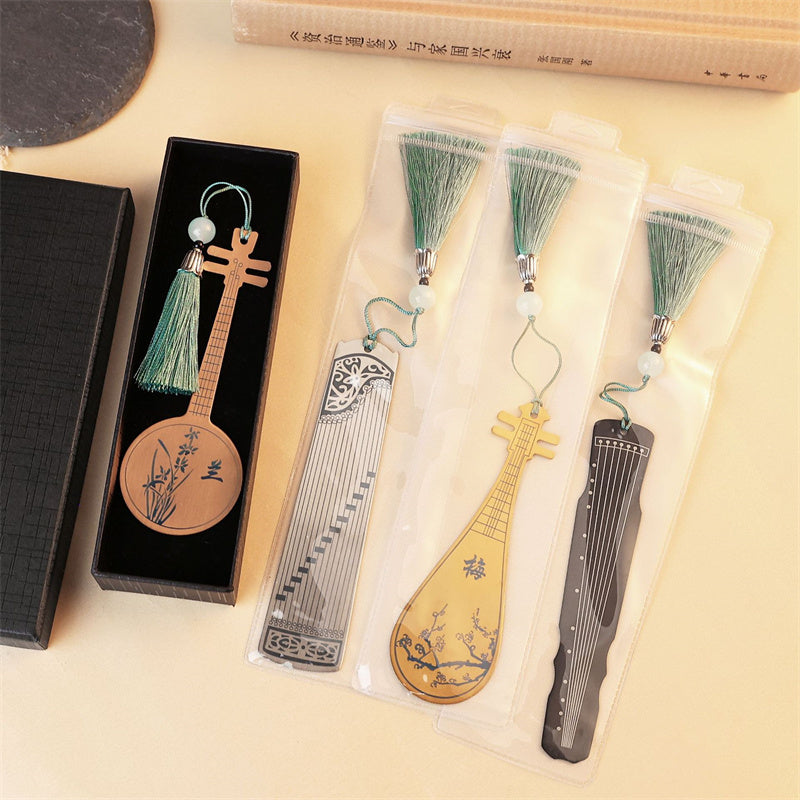 Buddha Stones Classical Musical Instruments Pipa Guzheng Guqin Ruan Metal Bookmarks Tassel With Gift Box