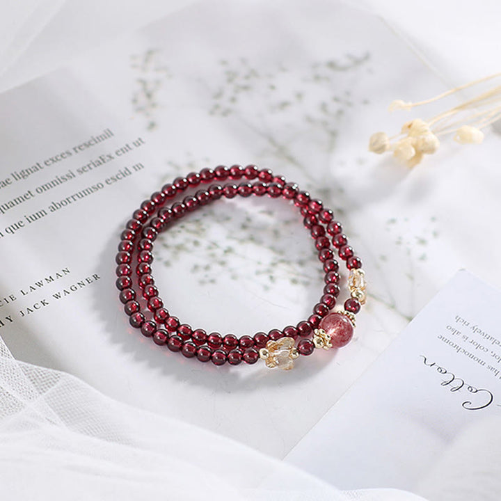 Buddha Stones 14K Gold Plated Natural Garnet Strawberry Quartz Butterfly Protection Double Wrap Bracelet