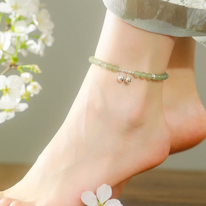 925 Sterling Silver Natural Hetian Jade Prosperity Bell Charm Anklet