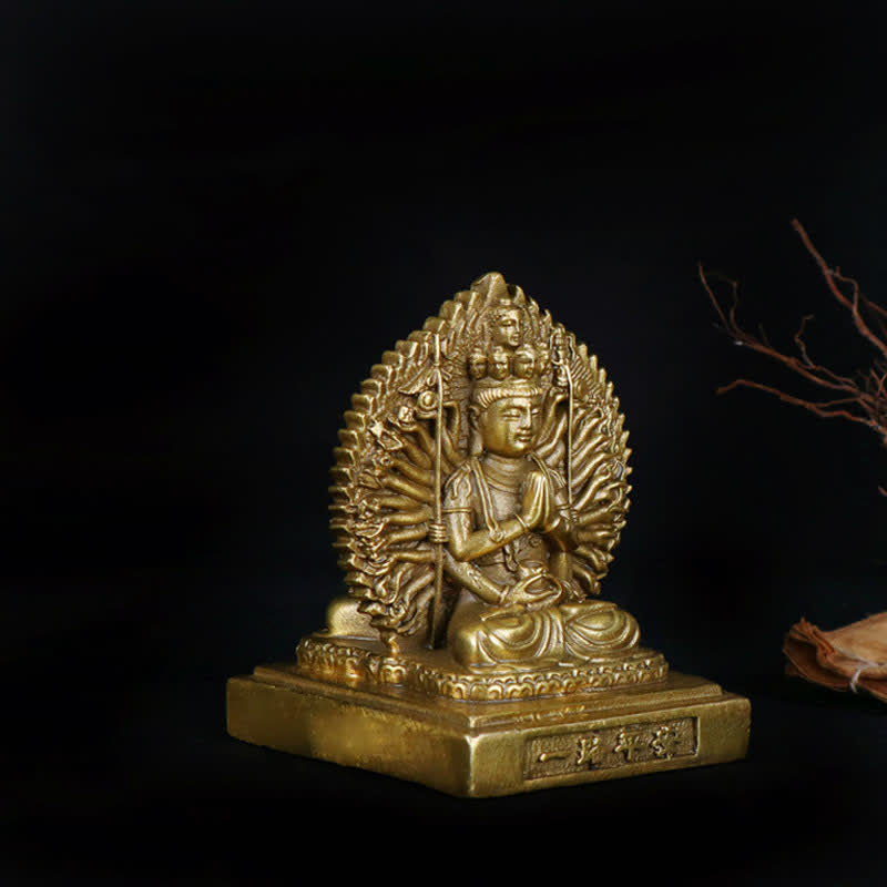 Chenrezig Thousand-handed Avalokitesvara Figurine Double-sided Kuan Yin Bodhisattva Protection Solid Copper Statue Decoration