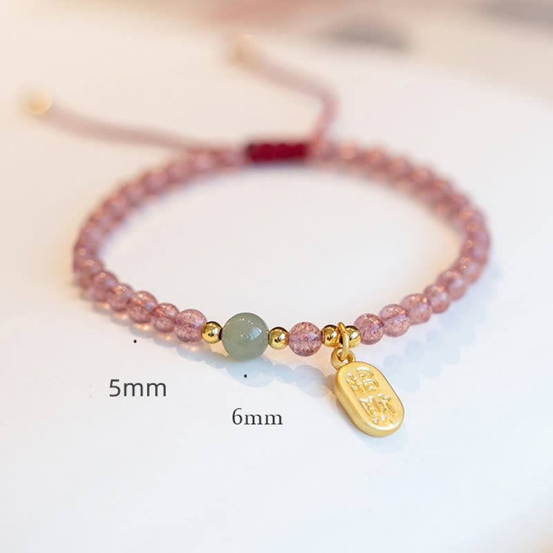 Buddha Stones Natural Strawberry Quartz Garnet Jade Lucky Fortune Fu Character Healing Charm Bracelet