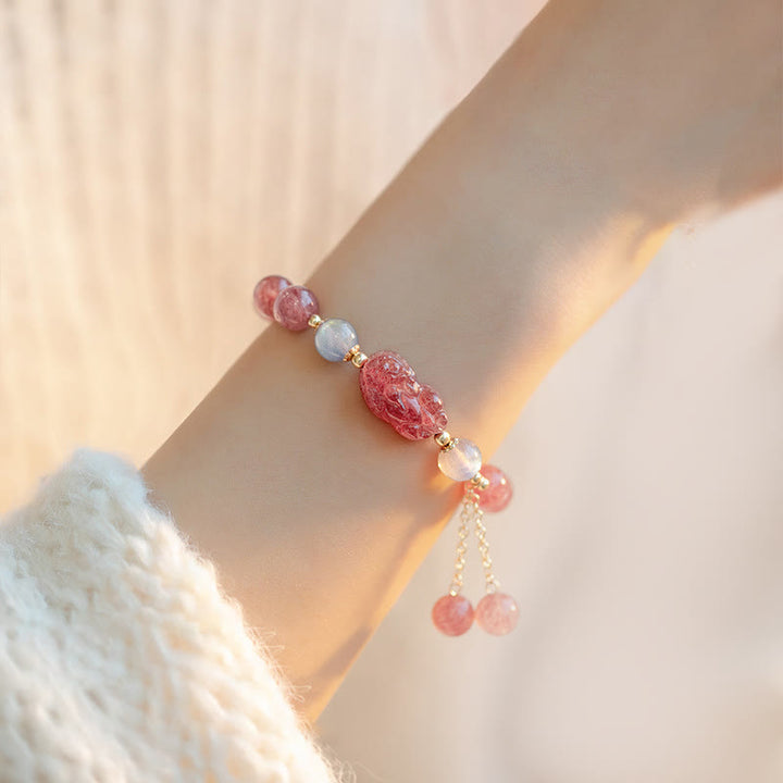 Buddha Stones Natural Strawberry Quartz Moonstone PiXiu Love Healing Bracelet