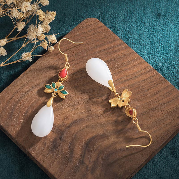 Buddha Stones FengShui White Jade Luck Drop Earrings