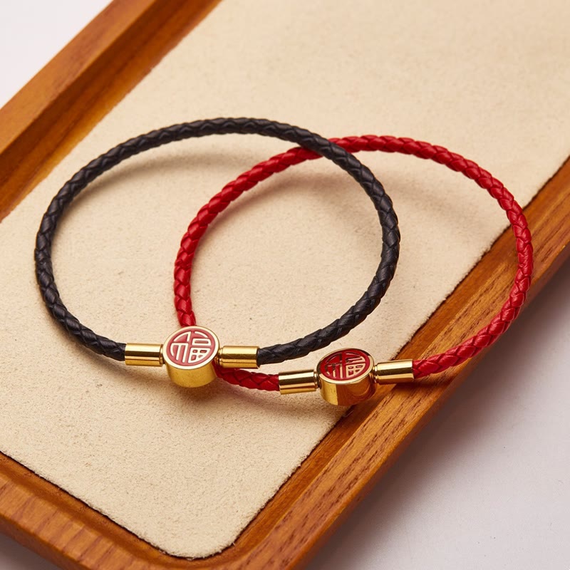 Buddha Stones Fu Character Blessing Fortune Leather Buckle Bracelet