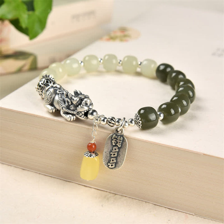 925 Sterling Silver Natural Hetian Jade Amber PiXiu Luck Bracelet