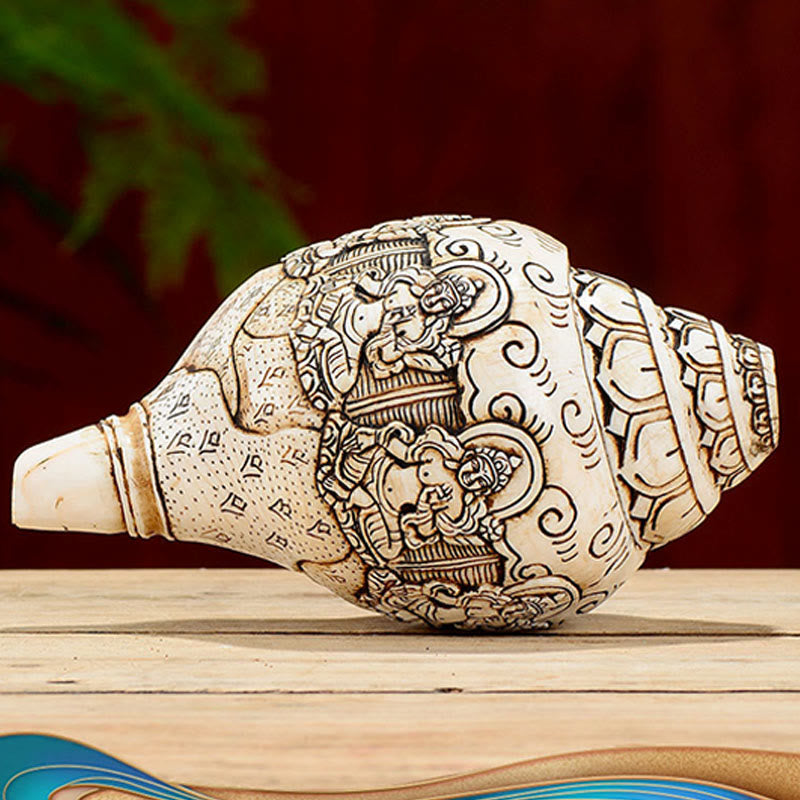 Tibetan Handmade Engraved Shankha Buddha Avalokitesvara Conch Shell Wealth Decoration