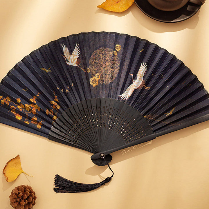 Buddha Stones Crane Peach Blossoms Persimmon Orchid Butterfly Bamboo Handheld Bamboo Folding Fan 21cm