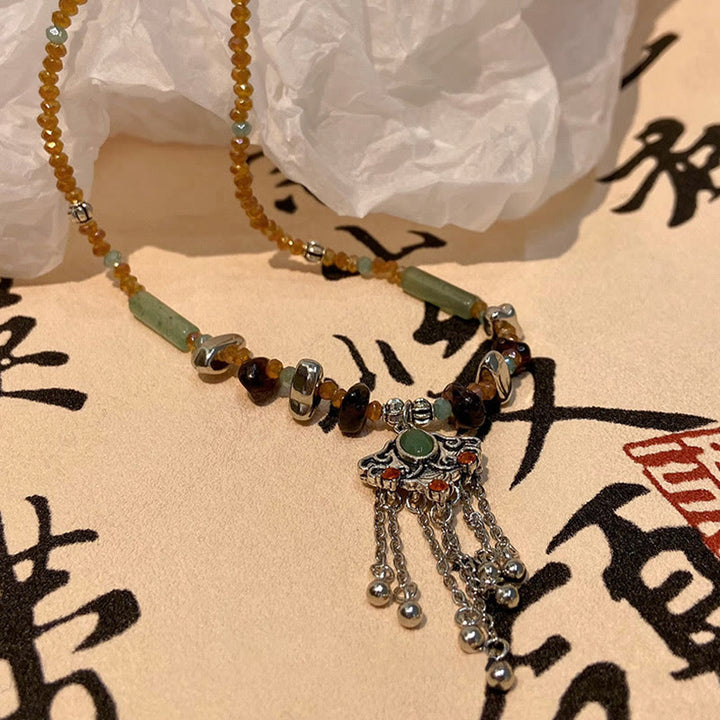 Buddha Stones Tibetan Crystal Stone Copper Luck Tassel Necklace Pendant