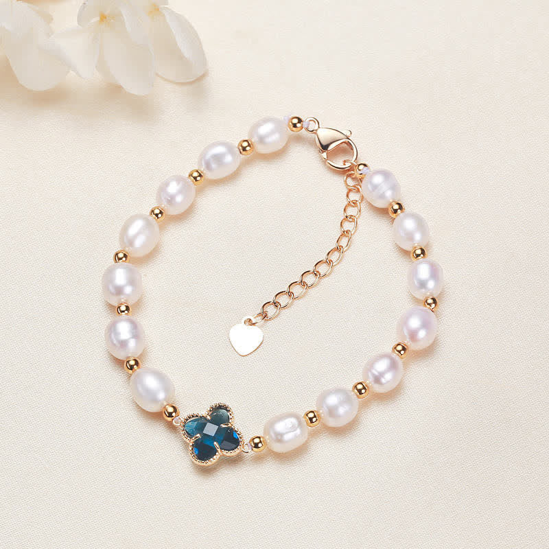 Buddha Stones Pearl Four Leaf Clover Wealth Chain Bracelet