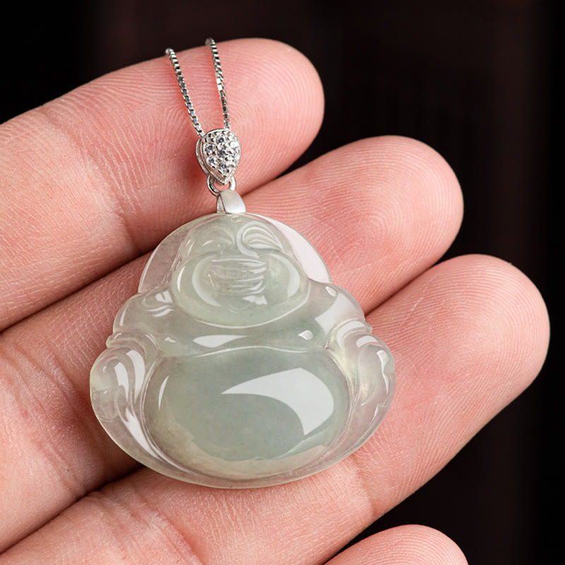 Buddha Stones 925 Sterling Silver Natural Jade Laughing Buddha Prosperity Abundance Chain Necklace Pendant