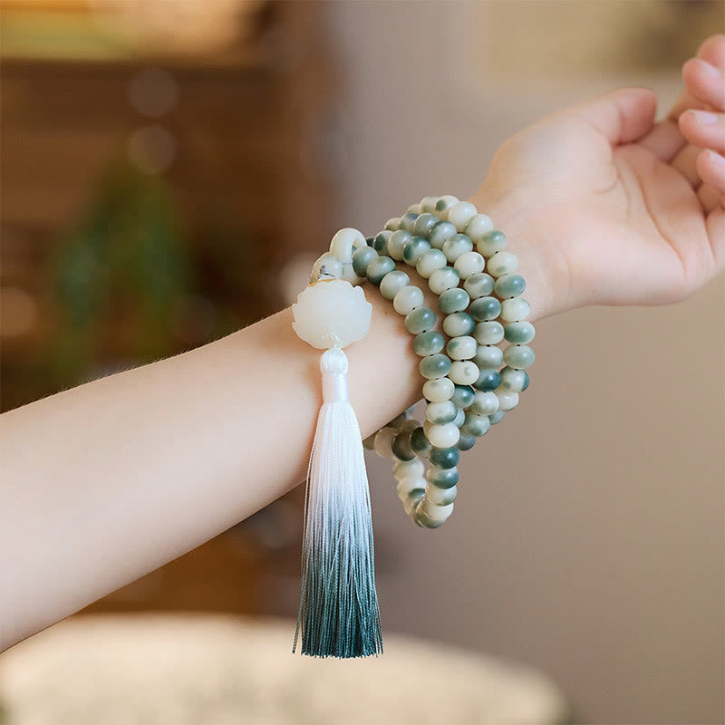 Buddha Stones Natural 108 Mala Beads Bodhi Seed Lotus Engraved Wisdom Tassel Bracelet