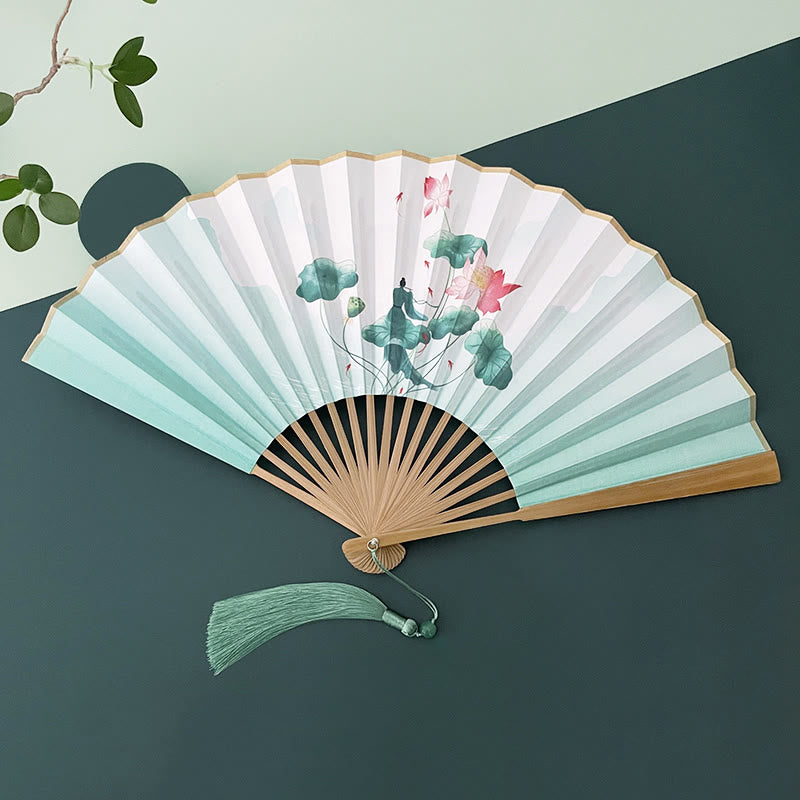 Buddha Stones Retro Lotus Flower Leaf Mountain Lake Handheld Folding Fan With Bamboo Frames