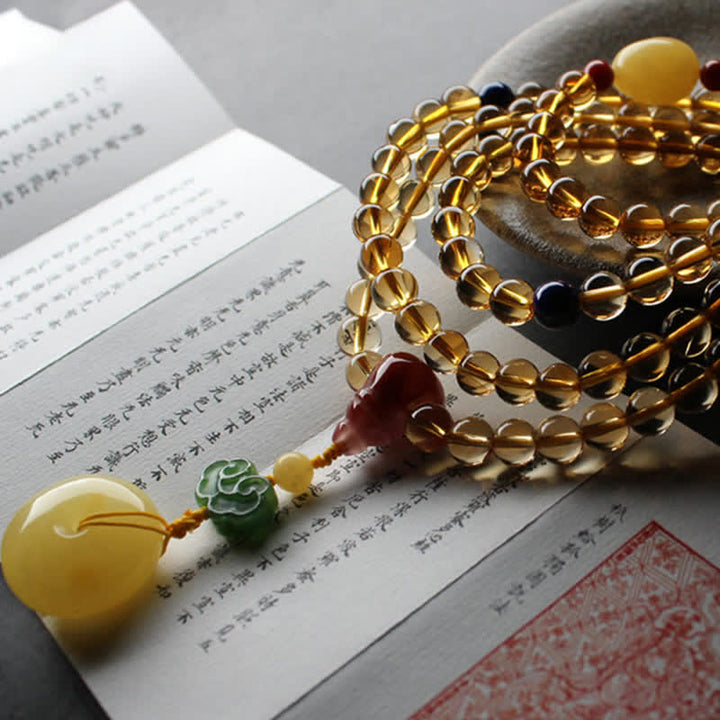 108 Mala Beads Natural Citrine Amber Peace Buckle Red Agate PiXiu Protection Charm Bracelet