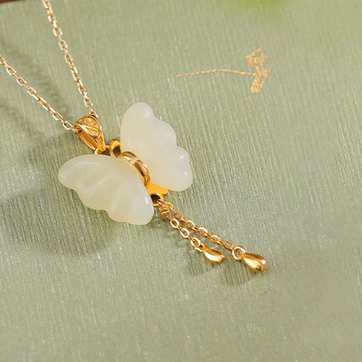 Buddha Stones 925 Sterling Silver Plated Gold Hetian White Jade Butterfly Blessing Necklace Pendant