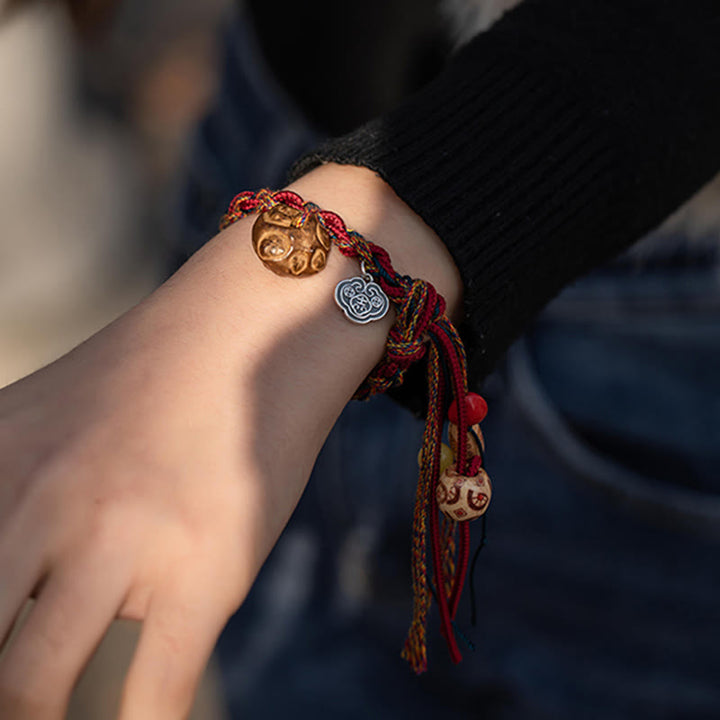 Buddha Stones Tibetan Handmade Colorful Thread 925 Sterling Silver Koi Fish Protection Strength String Bracelet