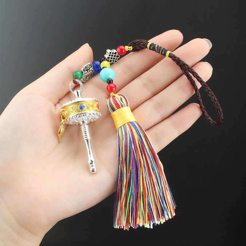 Tibet Om Mani Padme Hum Prayer Wheel Tassel Bag Car Hanging Decoration