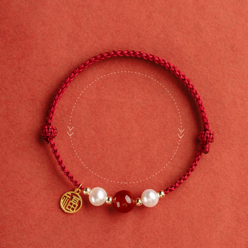 Buddha Stones 925 Sterling Silver Good Fortune Fu Character Agate Pearl Red String Braid Bracelet