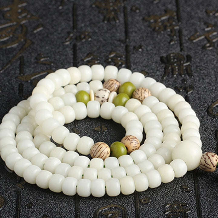 Buddha Stones White Jade Bodhi Lotus Mala Harmony Necklace Bracelet