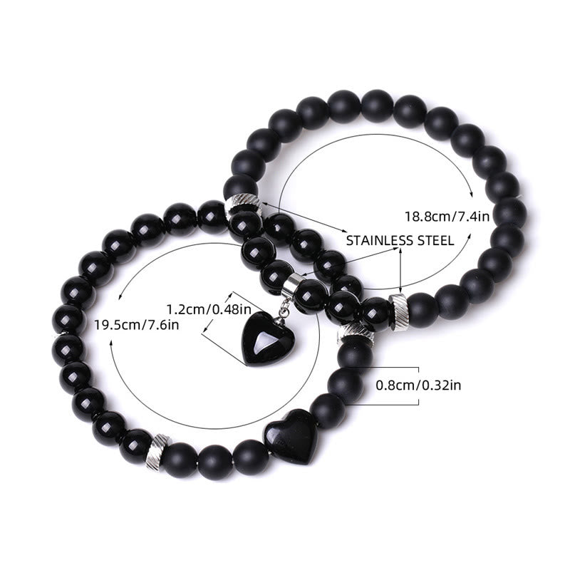 Buddha Stones 2Pcs Black Onyx Crystal Stone Love Heart Protection Support Couple Bracelet